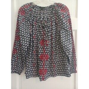 J. Crew navy red embroidered peasant top womens 8 boho hippie blouse shirt prepp